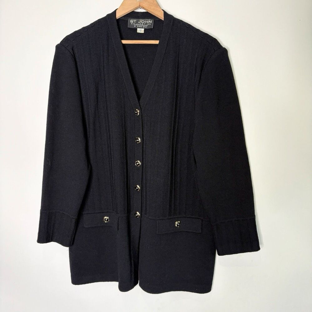 St John Collection Marie Gray Cardigan Sweater Black Ribbed Button Up Women 12
